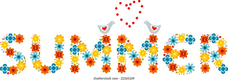 Summer Word made with seasonal flowers, insects like a bees and butterflies, and two doves in the top with a love heart in the middle