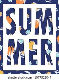 Summer word over blue floral background in a square frame. Seasonal banner