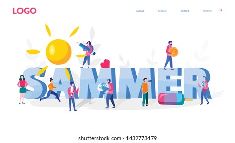 Summer Word and Resting Business People, vacation in summer, Vector Illustration for web banner, print, presentation. Active Recreation. Outdoor Activity, Happy Summertime 

