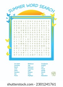 Summer Word Search Puzzle with Answer Key, Butterflies and Sunset Design