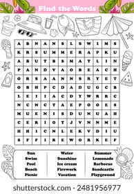 Summer word search puzzle with coloring page for drawing beach theamed objects, printable acticity for kids