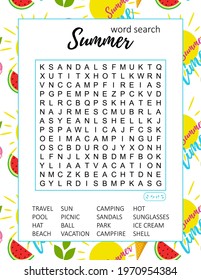 Summer word search puzzle.  Educational game. Crossword suitable for social media post. Party card. Printable colorful worksheet for learning English words. Vector illustration