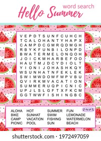 Summer word search puzzle.  Educational game. Crossword suitable for social media post. Party card. Printable colorful worksheet for learning English words. Watermelon vector illustration