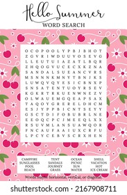 Summer word search puzzle.  Educational game. Crossword suitable for social media post. Party card. Printable colorful worksheet for learning English words. Vector illustration