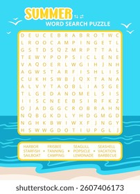Summer word search puzzle game on a blue ocean background worksheet. Summer printable activities for learning and development. Educational game for children and adults, learning English vocabulary