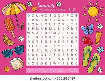 Summer word search puzzle game with cute cartoon drawings worksheet. Summer printable activities for learning English vocabulary. Educational game for children and adults. Summer cartoon clip art
