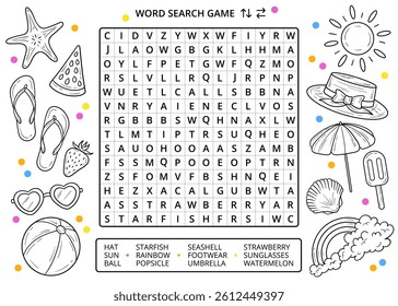 Summer word search puzzle game with line drawings worksheet. Summer fun activity for learning English vocabulary. Educational game for children and adults. Summer line art drawing elements, doodles