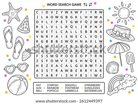 Summer word search puzzle game with line drawings worksheet. Summer fun activity for learning English vocabulary. Educational game for children and adults. Summer line art drawing elements, doodles