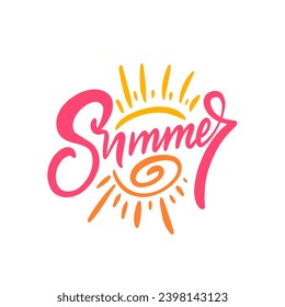 Summer word sign. Pink color and rays sun. Lettering phrase vector art. Isolated on white background.