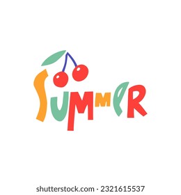 Summer word text modern typography color sign and cherry berry. Vector art isolated on white background.