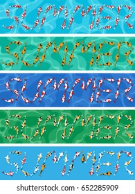 Summer word written with colored fishes on water background