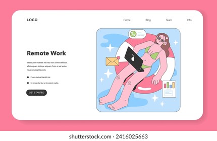 Summer work vibes. Woman in swimwear multitasks on a floating pool ring, handling work emails and charts amidst a serene pool setting. Balancing relaxation and productivity. Flat vector illustration.