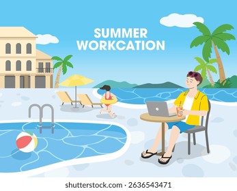 Summer workcation by the pool with laptop and drink