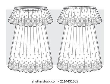 Summer woven dress with lace trimming on bottom. Technical sketch.