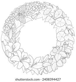 Summer wreath with beautiful flowers and strawberries. Hand drawn artwork. Love concept for wedding invitations, cards, tickets, congratulations. Black and white. Vector illustration