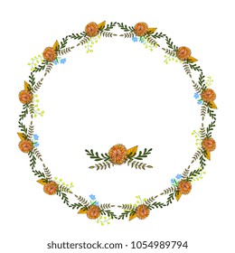 Summer wreath with with bright orange  flowers, leaves on white background. Circle frame. Perfect for invitation and holiday greeting cards.