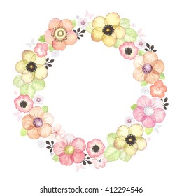 Summer wreath of flowers, leaves and silhouette butterflies, vector illustration in vintage watercolor style.