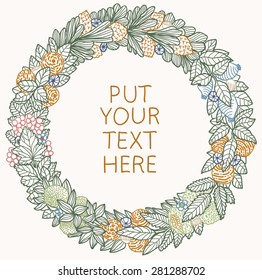 Summer wreath with herbs, fruits, nuts and flowers. Vintage vector