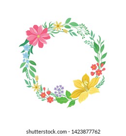 Summer wreath of leaves and bright flowers. Vector illustration on white background.