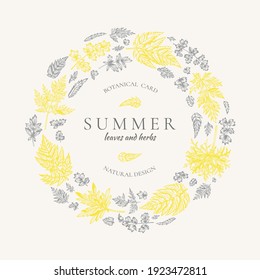 Summer wreath with leaves and herbs. Botanical round frame. Vector illustration. Gray and yellow.