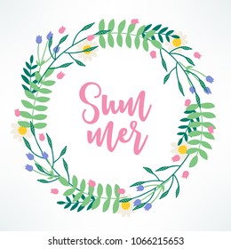 Summer wreath with on chamomile and branches white background. Circle frame. Perfect for invitation and holiday greeting cards.