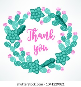 Summer wreath with opuntia and succulents on white background. Circle frame. Perfect for invitation and holiday greeting cards.