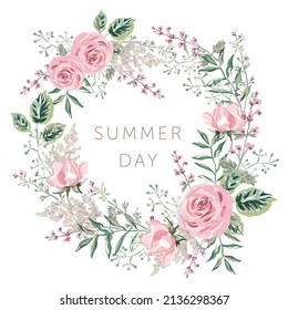 Summer wreath of pink rose flowers, green leaves, white background. Wedding invitation round frame. Vector illustration. Floral arrangement with text. Design template greeting card