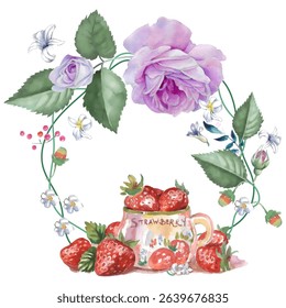 Summer Wreath of Roses and Strawberries. Watercolor illustration can be used for greeting cards, t-shirt printing, wallpaper.