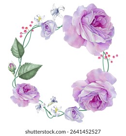 Summer Wreath of Roses and Strawberries. Watercolor illustration can be used for greeting cards, t-shirt printing, wallpaper.