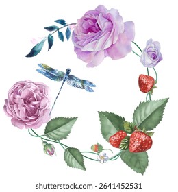 Summer Wreath of Roses and Strawberries. Watercolor illustration can be used for greeting cards, t-shirt printing, wallpaper.