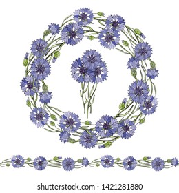 Summer wreath save the date. Blue and purple cornflowers. Vector illustration. Field flowers. Isolated on white background. Summer design for your cards design, banners.
