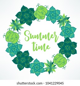 Summer wreath with succulents and cactuses on white background. Circle frame. Perfect for invitation and holiday greeting cards.