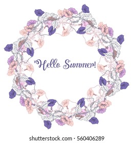 Summer wreath with violet and pink bindweed. Vector illustration