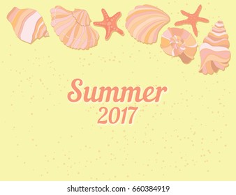 Summer in writing. Top view of a empty beach with sea stars and seashells. Beautiful text on the sand. Vector illustration.