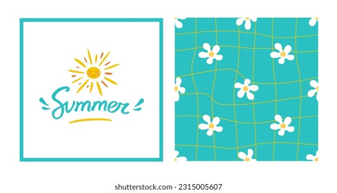 Summer y2k collection. Hand drawn retro hippie sun card and pattern vector set. Summer typography slogan. Acid blue seamless pattern with melted white flower