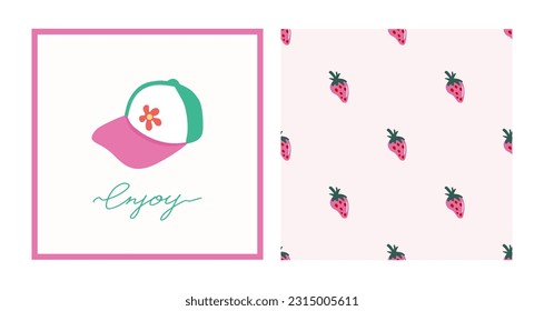 Summer y2k collection. Hand drawn positive hippie baseball cap card. Enjoy typography slogan. Colorful seamless pattern with strawberry