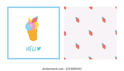 Summer y2k collection. Hand drawn positive waffle cup ice cream set. Enjoy typography slogan. Groovy seamless pattern with strawberry