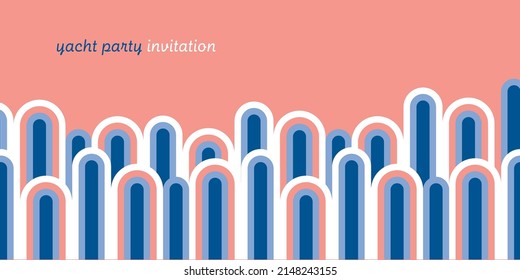 Summer yachting vibes pattern with blue and rosy stripes and circular arches. Vector element for card, header, invitation, poster, social media, post publication. Vector illustration template.