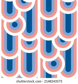 Summer yachting vibes seamless pattern with blue and rosy stripes and circular arches. Vector rapport for background, fabric, textile, wrap, surface, web and print design. Vector illustration