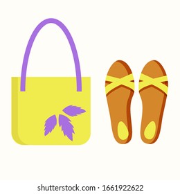 Summer yellow accessory top view: bag, sandalls. Vector illustration of holiday vacation woman luggage.