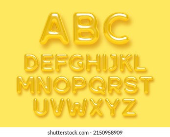 Summer yellow alphabet vector set. 3d realistic glossy typeface. Decorative letters for banner, cover, birthday or anniversary, summer holiday party. svg
