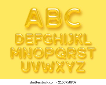 Summer yellow alphabet vector set. 3d realistic glossy typeface. Decorative letters for banner, cover, birthday or anniversary, summer holiday party.