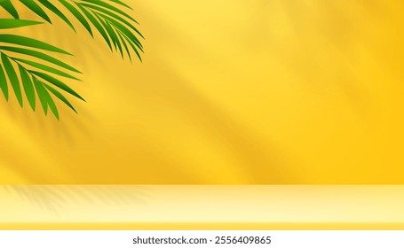 Summer Yellow Background for Cosmetic Product,Studio Room backdrop with 3D podium display, green palm leaves and shadow border frame on wall,Vector Backdrop Summer Travel,Holiday Vacation Banner