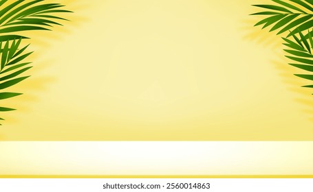 Summer Yellow Background for Cosmetic Product,Studio Room backdrop with 3D podium display, green palm leaves and shadow border frame on wall,Vector Backdrop Summer Travel,Holiday Vacation Banner