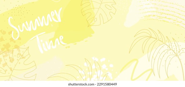 Summer Yellow Background Layout Banners Design Concept with Tropical Leaves and floral pattern. Horizontal design template with summer sunshine abstract graphic. 