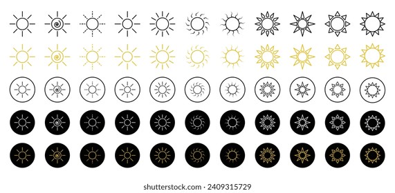 summer yellow and black sun vector icon set. hot sun ray sign. sunny day symbol. sunshine icon.