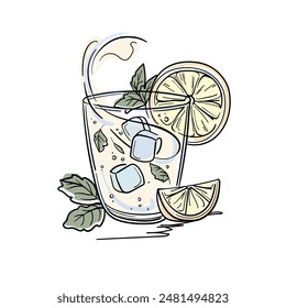 Summer yellow and blue coctail with mint and ice, continuous line art drawing isolated on white background. Vector illustration