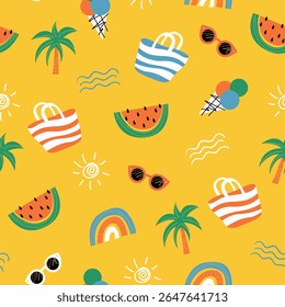 Sommer gelb doodle nahtlose Muster. Farbiger Hintergrund mit Strandelementen.