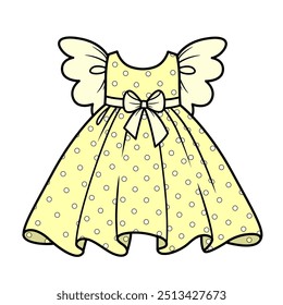 Summer yellow dress for girls with lush ruffles in polka dot ornament . Image produced without the use of any form of AI software at any stage.