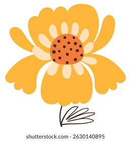 Summer Yellow Flower with Simple Brush Line Decorations. Colorful plant with cute line sketches of branches isolated on white background. Nature herb perfect for invitations, cards, posters, holidays